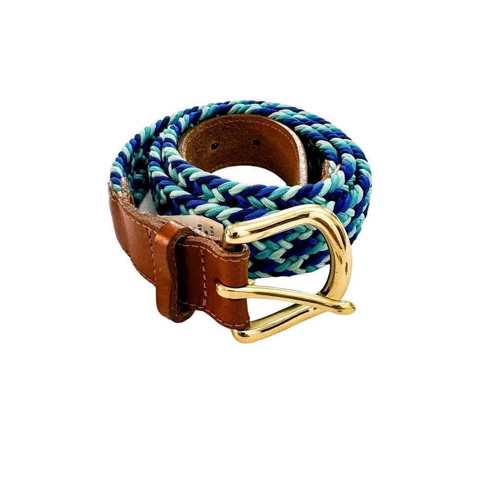 J. Crew Blue Colorful Braided Belt Brass Buckled Leather Tab Size M - Picture 1 of 5